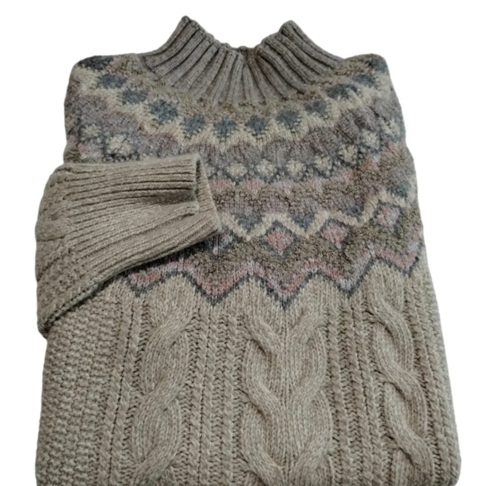 CHICO'S Women's Wool Grannnycore‎ Fisherman Chunky Sweater size S Cable Knit